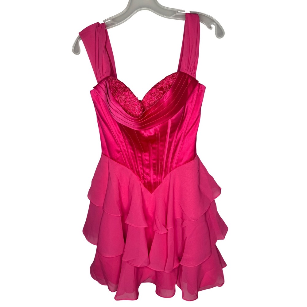 QUANJINR Hot Pink Corset Mini Dress Lace Up Ruffle Tiered Chiffon Party Dress